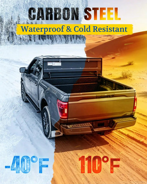Truck with toolbox showing carbon steel lid, waterproof & cold resistant at -40°F and 110°F conditions