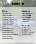 OEM fitment chart for Ford Lincoln Mercury vehicles 2004 to 2021 overlaid on blurred image of a Ford truck
