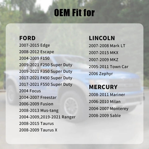 OEM fitment chart for Ford Lincoln Mercury vehicles 2004 to 2021 overlaid on blurred image of a Ford truck