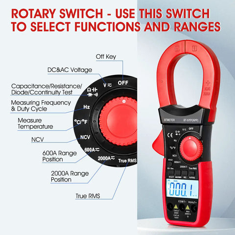 Clamp Meter Multimeter With True RMS, 2000A AC DC Current, 6000 Counts, Bluetooth Data Logging To 570Y App rotary switch close-up