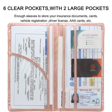 Keep Your Daily Driver Papers On Deck With This Rose Gold Car Registration And Insurance Card Holder Featuring Secure Pouches For Plates Proof Of Insurance And Road Trip Ready, showcasing 6 clear pockets and 2 large pockets.