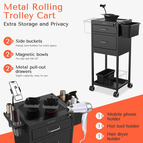 Rolling Salon Trolley Cart With Wheels Lockable Metal Storage Two Drawers And Magnetic Bowls Mobile Hair Stylist Station
