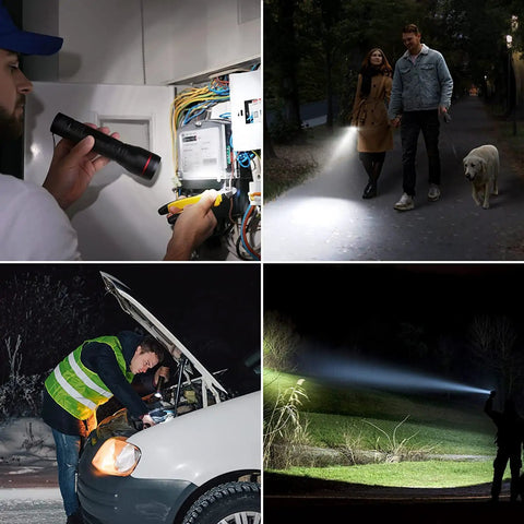 Beast Bright 900 Lumen Tactical Flashlight With Zoomable Beam And OSRAM P9 LED being used in various outdoor and emergency settings