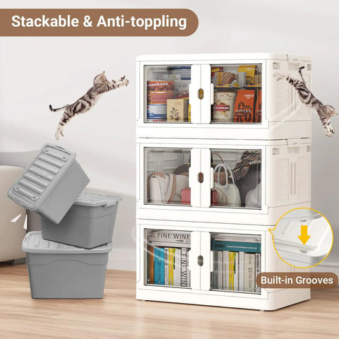 4 Pack Stackable Storage Bins With Wheels And Snap Tight Lids, Heavy Duty Collapsible Organizer Boxes To Completely Knock Out Clutter, Zero Tools Required Setup, Built Rock Solid, White
