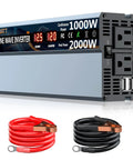Beast 1000W Pure Sine Wave Inverter with 2 outlets, USB ports, LCD; includes red and black battery clips, for car RV home use