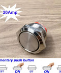 19mm Stainless Steel Momentary Push Button Switch, Short Type, Waterproof 2 Pin SPST, Push And Hold On Release Off, Self Reset, Heavy Duty 20A/12-24V And 15A/220V, Built Tough For Wet Environments, 20A