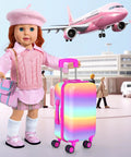 18 Inch Doll Travel Play Set with luggage case wearing pink outfit, colorful suitcase, and airplane background for real life vibes.