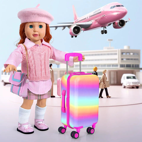 18 Inch Doll Travel Play Set with luggage case wearing pink outfit, colorful suitcase, and airplane background for real life vibes.