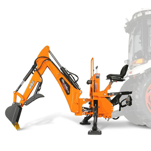 9 Foot Tractor Backhoe Attachment With Hydraulic Thumb And 15 Inch Digging Bucket For Cat 1 And Cat 2 Three Point Hitch, Self Contained Hydraulics, ISO SAE Switchable Controls, Fits 25 To 100 HP Tractors, A Real Workhorse For Tough Ditching Jobs attached to a tractor
