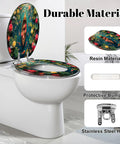 Elongated Ornate Wooden Boat Surrounded by Fish Colorful Lotus Toilet Seat on a white toilet with durable resin material.