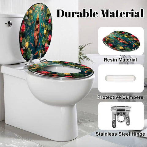 Elongated Ornate Wooden Boat Surrounded by Fish Colorful Lotus Toilet Seat on a white toilet with durable resin material.