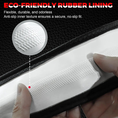 Premium Microfiber Leather Steering Wheel Cover With Non Slip Grip Reinforced Stitching Universal Fit For 14.5 To 15 Inch Cars Black Exterior showing eco-friendly rubber lining with anti-slip texture.