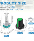 10 Pack RK097N B5K Potentiometer 3 Pin Linear Rotary Sealed Potentiometer 5K Ohm With 15mm Knurled Shaft And Green AG2 Knob