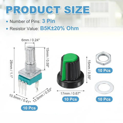 10 Pack RK097N B5K Potentiometer 3 Pin Linear Rotary Sealed Potentiometer 5K Ohm With 15mm Knurled Shaft And Green AG2 Knob