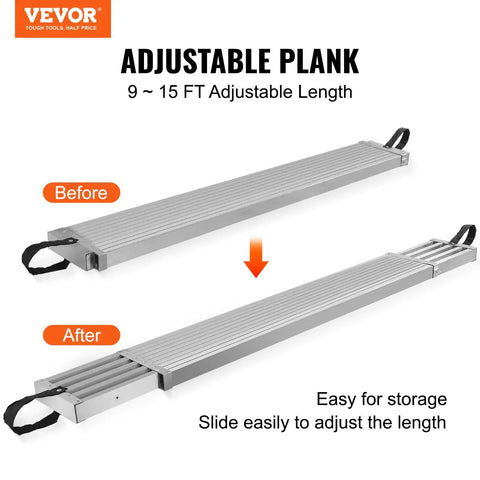 Aluminum Telescoping Work Plank 9 To 15 Ft Adjustable Length 12.5 Inch Wide Platform 500 Lb Capacity Built Tough Aluminum Work Stand For Construction And Home Projects, extended and folded