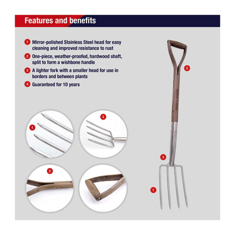 Traditional Stainless Steel Border Fork For Aerating Weeding And Digging With Comfortable Wooden Handle Heavy Duty Garden Tool