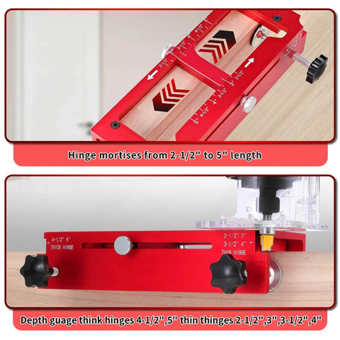 Adjustable Door Hinge Jig For Jambs And Routers, Aluminum Alloy Hinge Template Kit Fits Door Hinges From Two Point Five To Five Inches, Radius One Quarter Inch Or Radius Five Eighths Inch, Red, Durable Router Template Tool For Precise Installations, showing red aluminum frame and depth gauge.