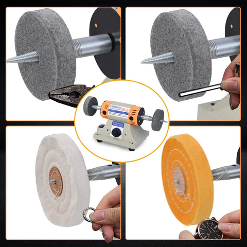 Slick Four Inch Bench Grinder Polishing Machine With Adjustable Variable Speed For Jewelry Crafting And Dental Buffing includes cloth wheels and tools