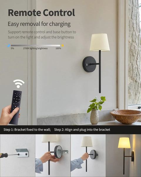 Rechargeable Battery Wall Sconces Set Of Two Black Cordless Lights For Modern Homes No Sweat Install showing remote control and mounting steps.