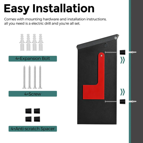Outdoor Wall Mount Mailbox With Flag Kit shown with installation hardware, including screws, expansion bolts, and anti-scratch spacers.