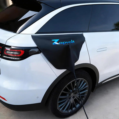 Heavy Duty Ev Charger Port Cover Shields Your Socket From Rain Snow Ice And Tough Uv Rays With A Solid Magnetic Grip on a white electric vehicle.