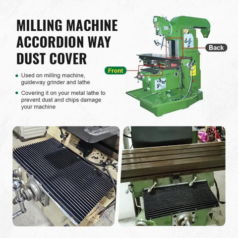 Accordion Way Cover 400mm By 600mm That Fits Bridgeport Milling Machine showing installation on lathe and milling machine