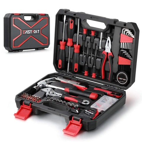 128 Piece Home Repair Tool Set For Everyday DIY, including claw hammer, screwdrivers, pliers in storage toolbox, black and red design