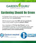 Garden Guru sustainability commitment image with carbon neutral and 1% for the Planet logos, promoting green gardening practices.