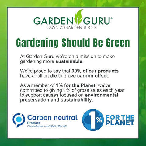 Garden Guru sustainability commitment image with carbon neutral and 1% for the Planet logos, promoting green gardening practices.