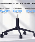 Durable base of ergonomic office chair with footrest for long workdays and gaming, heavy duty 350 lbs capacity shown.