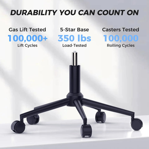 Durable base of ergonomic office chair with footrest for long workdays and gaming, heavy duty 350 lbs capacity shown.