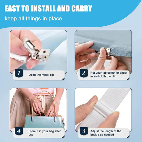 Steps showing installation of Hidden Strap Tablecloth Clips 5 Pack With Adjustable Elasticity For Indoor And Outdoor Use