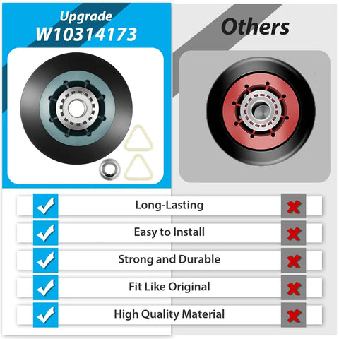 Comparison of upgraded W10314173 dryer drum roller kit with generic version for durability, fit, and quality.