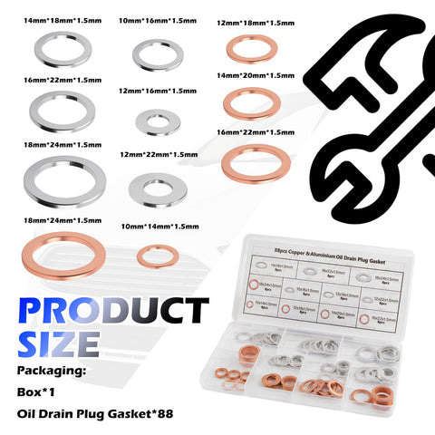 88 Piece Aluminum and Copper Oil Plug Washer Kit with 11 Sizes for M10 M12 M14 M16 M18 Car Drain Plugs Sealing Gasket Set