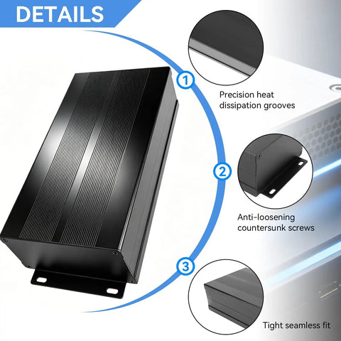 Rugged Split Aluminum Enclosure Project Box With A Slick Brushed Cap, Zero Sweat Cooling Case For Diy Circuit Boards And Tech Builds, Built Tough To Dump Heat And Crush Any Bench Job In Sand Black with heat dissipation grooves.