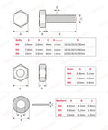 Technical drawing of Heavy Duty Bolts And Nuts Flat And Lock Washers Set with M4, M5, M6 dimensions in 304 stainless steel.