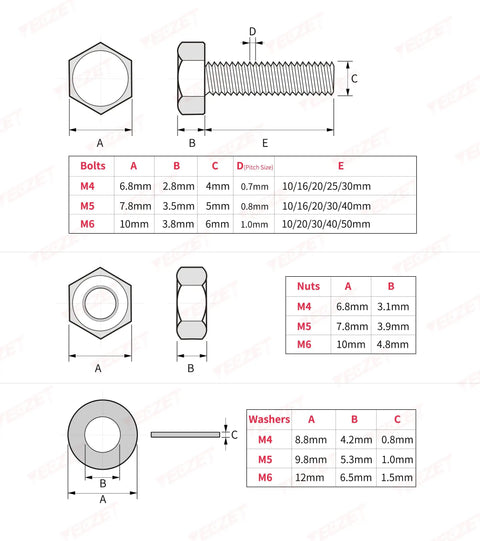 Technical drawing of Heavy Duty Bolts And Nuts Flat And Lock Washers Set with M4, M5, M6 dimensions in 304 stainless steel.