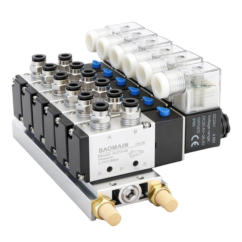 Six Station Solenoid Valve Manifold Kit With Easy Install And Space Saving Design, 24V DC Five Way Two Position Pneumatic Air Valve With One Quarter Inch PT Port, Includes Manifold Base And Mufflers, 4V210-08, close-up view