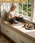 Custom Bench Cushions For Window Seats And Benches With Non Slip Bottom Waterproof Indoor Outdoor Cushions That Stay Put On Any Bench Great For Entryways Patios And DIY Furniture With Custom Size And Color Options shown on window seat with woman and cat