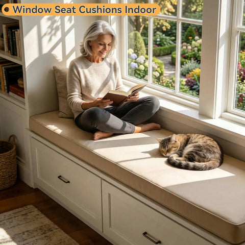 Custom Bench Cushions For Window Seats And Benches With Non Slip Bottom Waterproof Indoor Outdoor Cushions That Stay Put On Any Bench Great For Entryways Patios And DIY Furniture With Custom Size And Color Options shown on window seat with woman and cat
