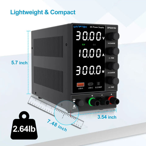 Pro Grade DC Bench Power Supply 0 To 30V 0 To 10A With Coarse And Fine Encoder Knobs featuring dimensions and weight.