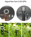 Drip Irrigation Emitters Set 25 Pcs With Adjustable Flow 0 To 20 GPH Drippers and Stakes shown with water flow adjustment