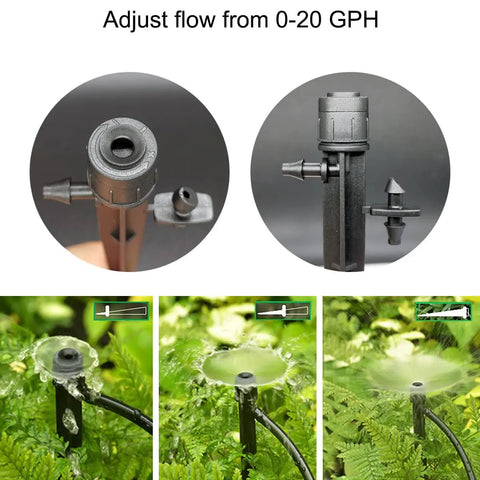 Drip Irrigation Emitters Set 25 Pcs With Adjustable Flow 0 To 20 GPH Drippers and Stakes shown with water flow adjustment