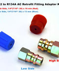 R12 To R134A AC Retrofit Fitting Adapter Kit with red high and blue low port caps for air conditioner system conversion