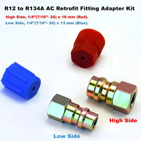 R12 To R134A AC Retrofit Fitting Adapter Kit with red high and blue low port caps for air conditioner system conversion