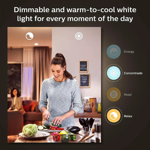 Woman in kitchen with smart 50W GU10 LED bulb, white and color ambiance lighting for indoor 400 lumens easy app control, mood settings.