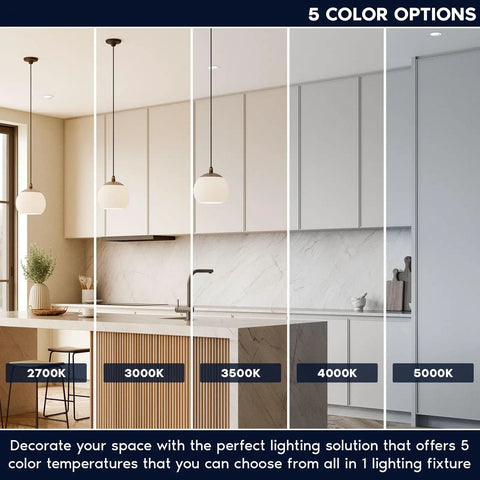 Sleek 4 Inch Canless Recessed Led Ceiling Lights With Slim Regressed Mini Panel Adjustable 5Cct And Smooth Dim To Warm No Fuss Setup Rock Solid 900 Lumens CRI90 Rating Dual Dimmer Ready Easy Drop Down Install 12 Pack with 5 color temperature options in kitchen setting.