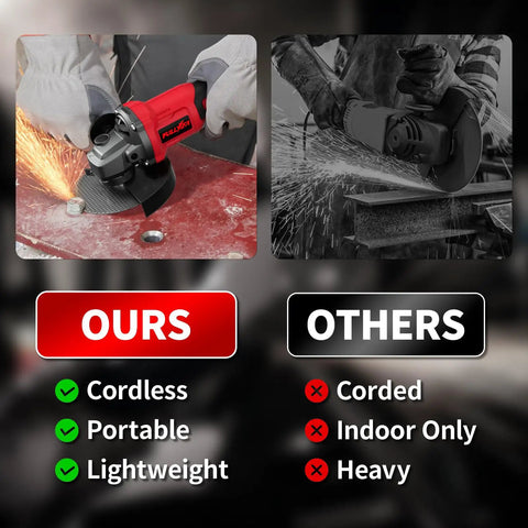 Comparison of cordless 4-1/2 Inch Cordless Angle Grinder With Brushless Motor, 3-Speed 12000/9000/6000 RPM versus corded grinder, highlighting portability.