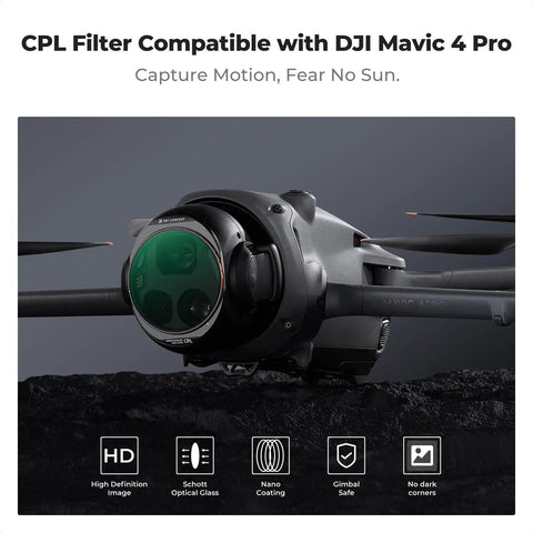 Upgrade Circular Polarizer CPL Filter For DJI Mavic 4 Pro Drone Lens attached, showing HD optical glass and easy locking design.