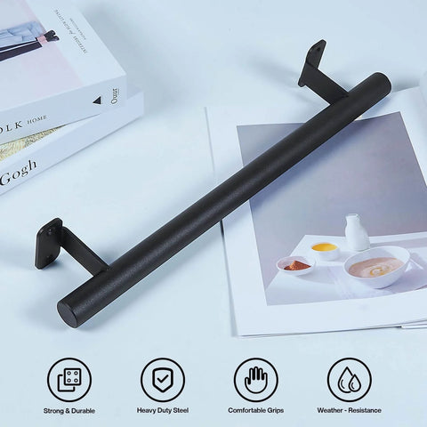 16 Inch Heavy Duty Metal Gate Handles Set In Matte Black Barn Door Pulls Outdoor 2 Pack placed on table with magazines